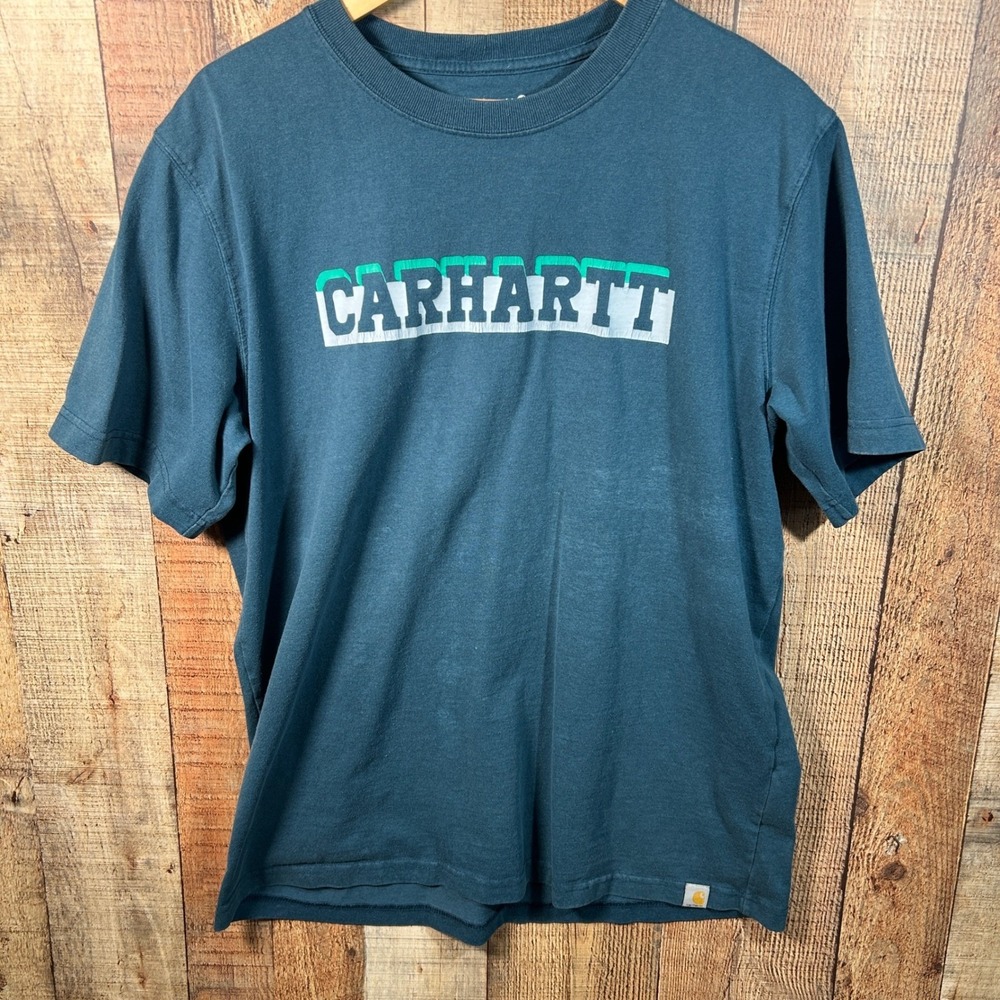 Carhartt L Blue Teal Heavyweight Spellout Block Graphic Logo Shirt Workwear Tee